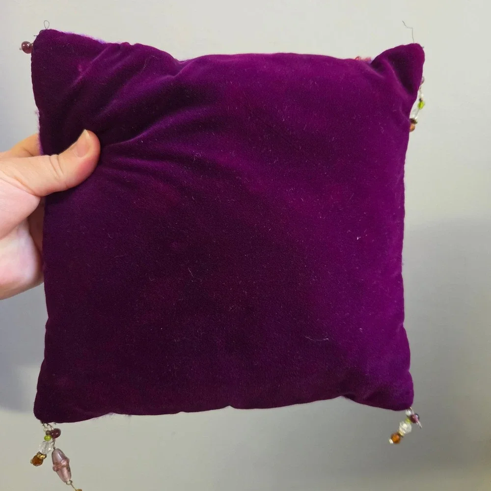 Handmade Purple Wool Felt Floral Pillow Velvet Hippie 9 Inch
